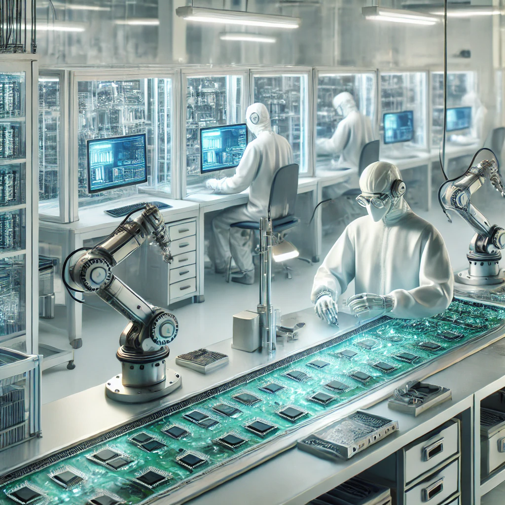 A modern clean industrial setting of a company manufacturing electronic chips. The scene includes robotic arms assembling microchips on a conveyor bel